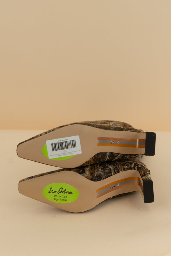 sam edelman sylvia wide calf brown paisley boots (6; retail $200)