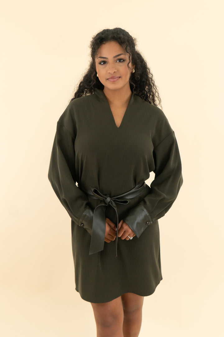 vince. green belted mini dress (s)