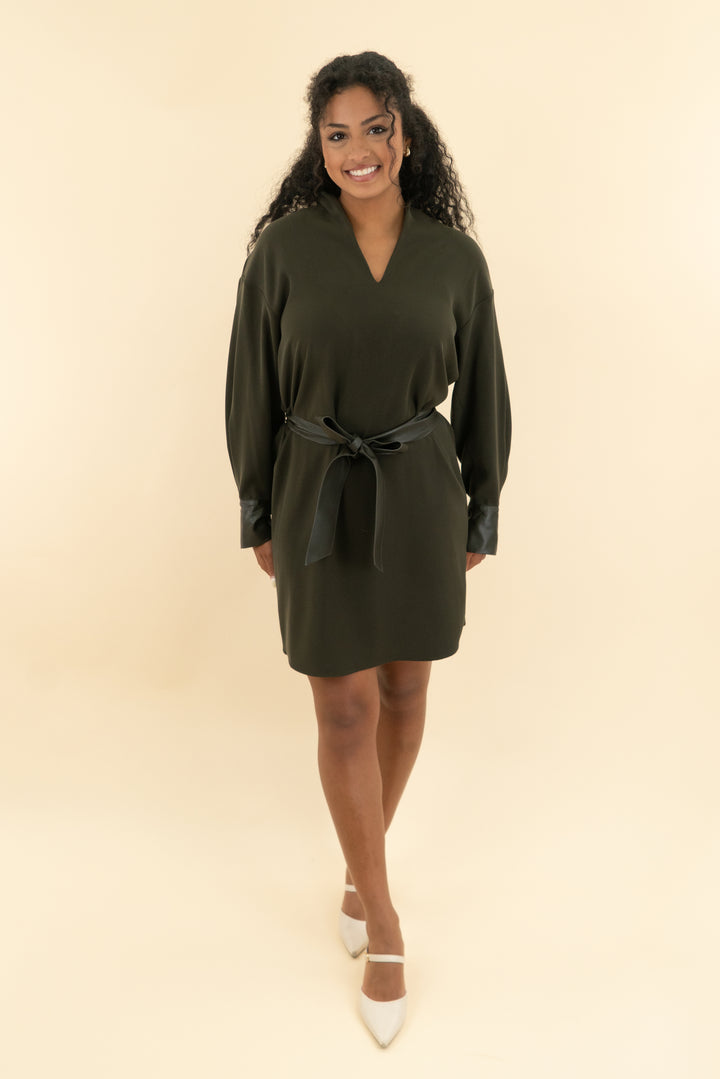 vince. green belted mini dress (s)