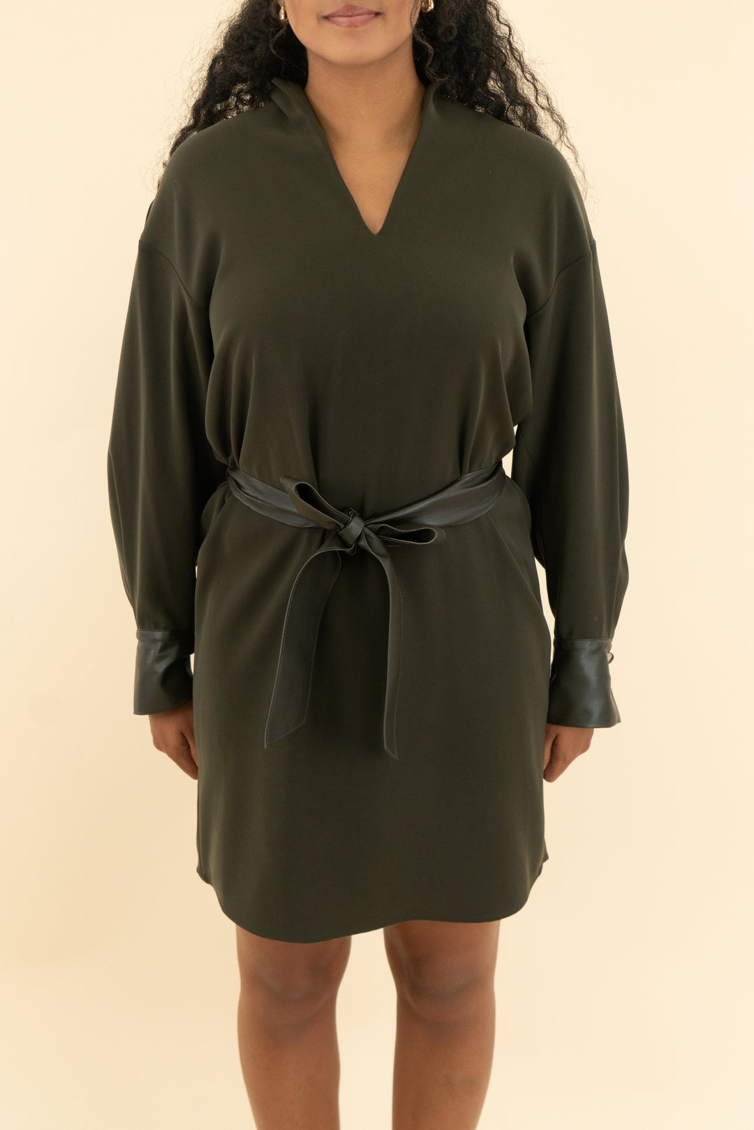 vince. green belted mini dress (s)