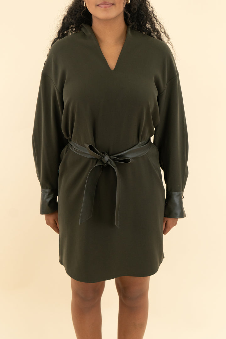 vince. green belted mini dress (s)