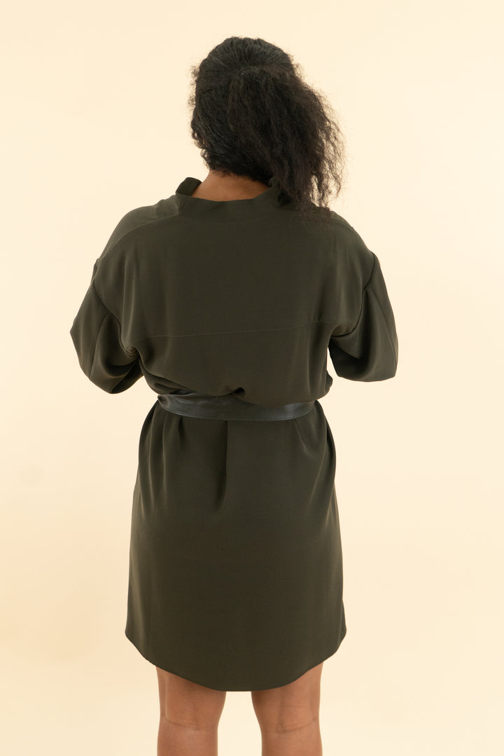 vince. green belted mini dress (s)