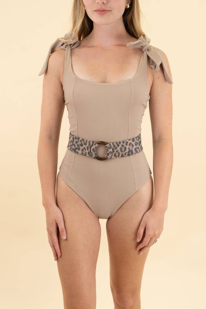 beach riot x cella jane tan one piece with cheetah belt nwt (s; retail $356)