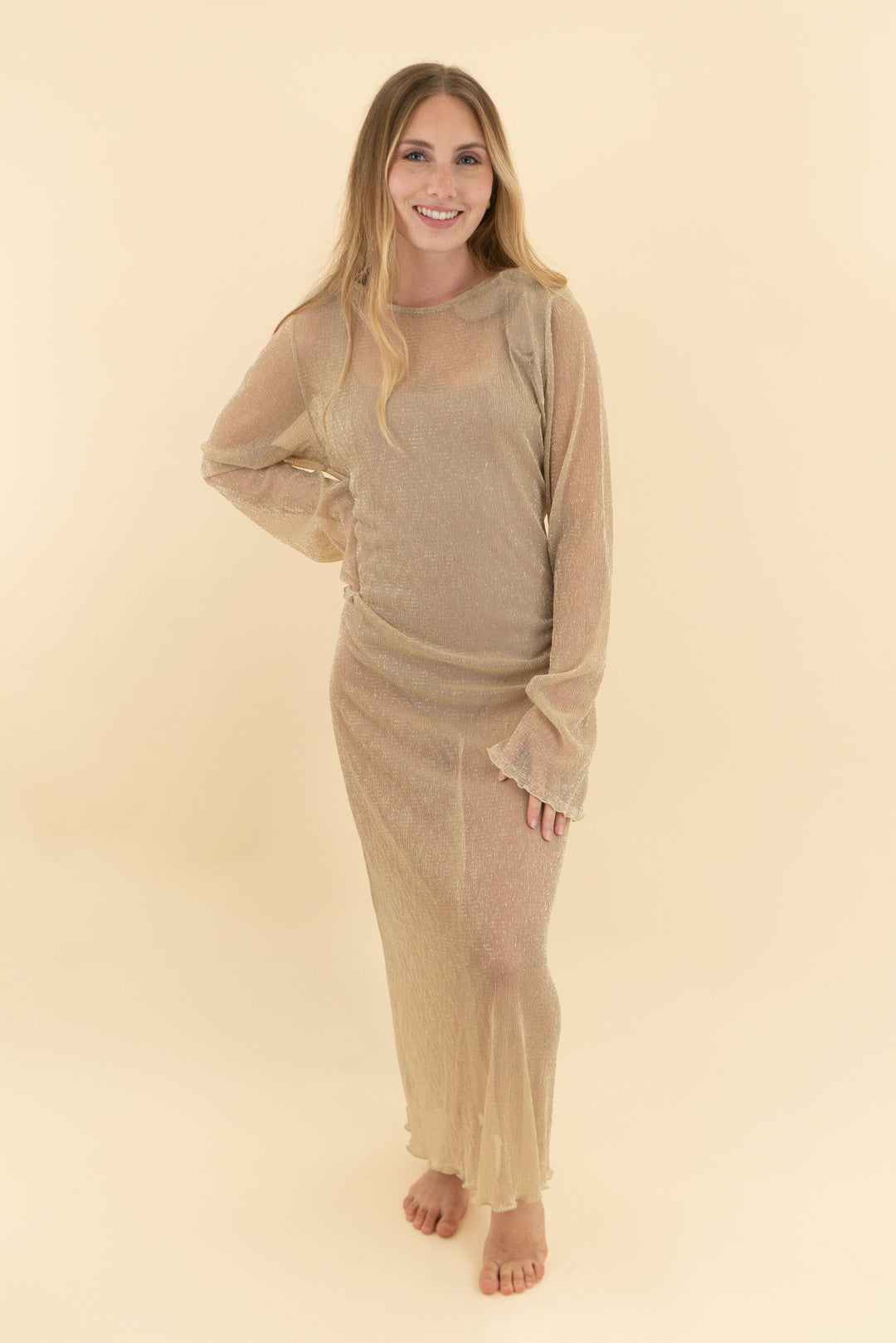 h&m gold shimmer maxi cover up dress (l)