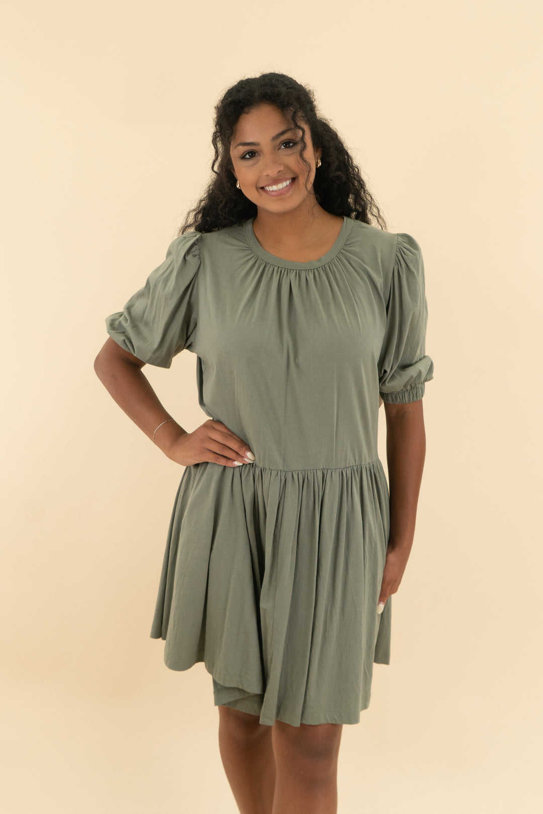 summersalt olive green ruched mini dress (s)