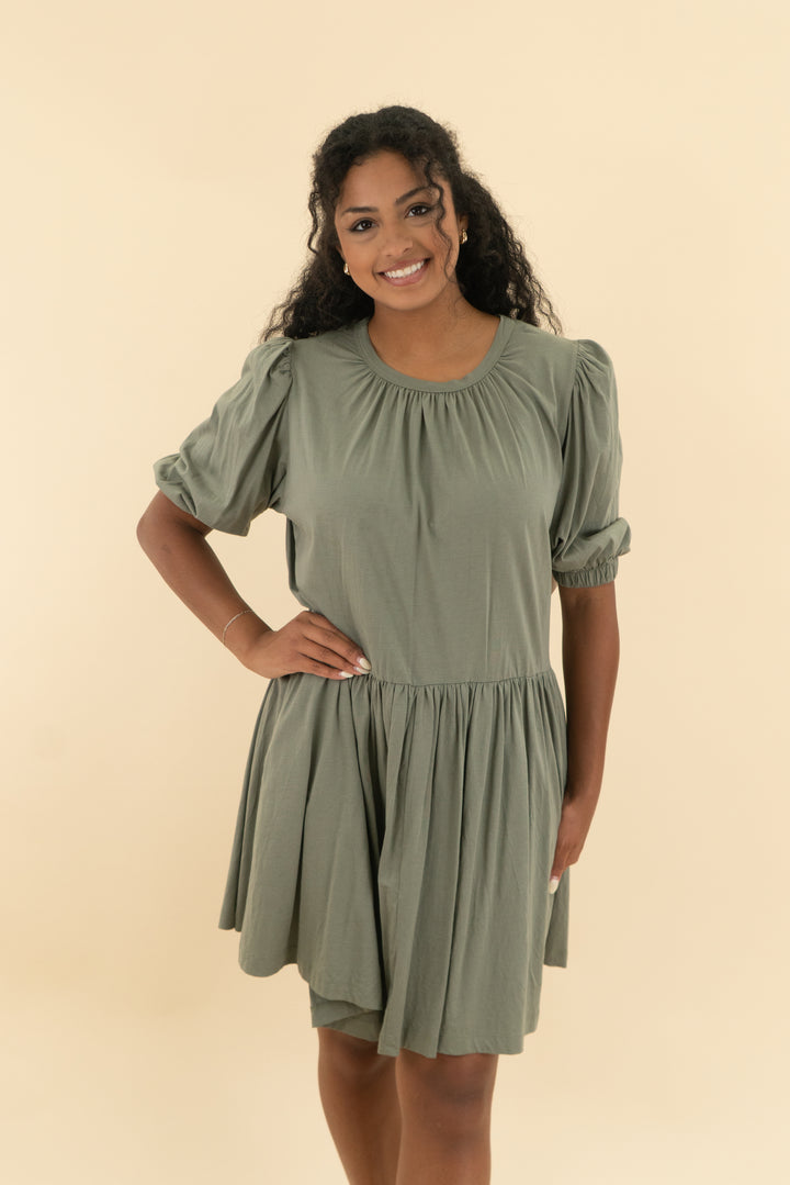 summersalt olive green ruched mini dress (s)