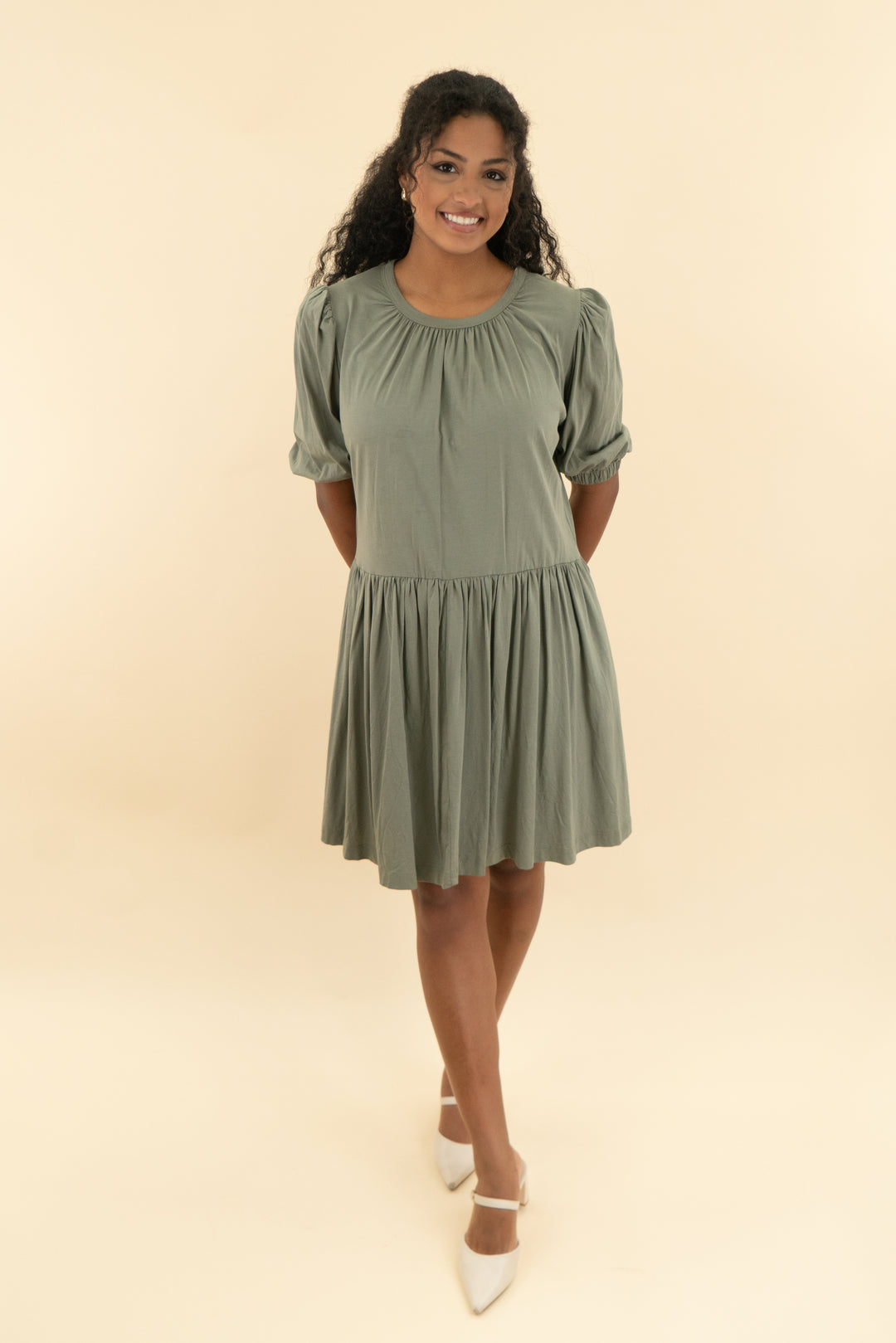 summersalt olive green ruched mini dress (s)