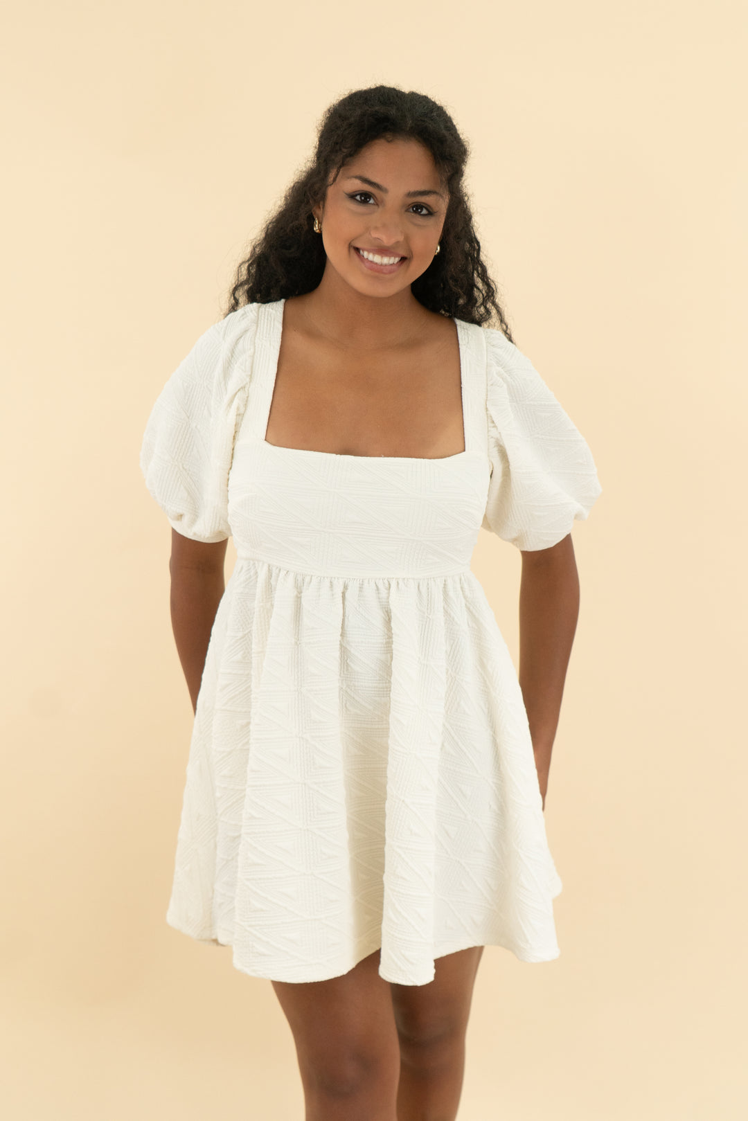 fp white puff sleeve babydoll mini dress (xs; retail $198)