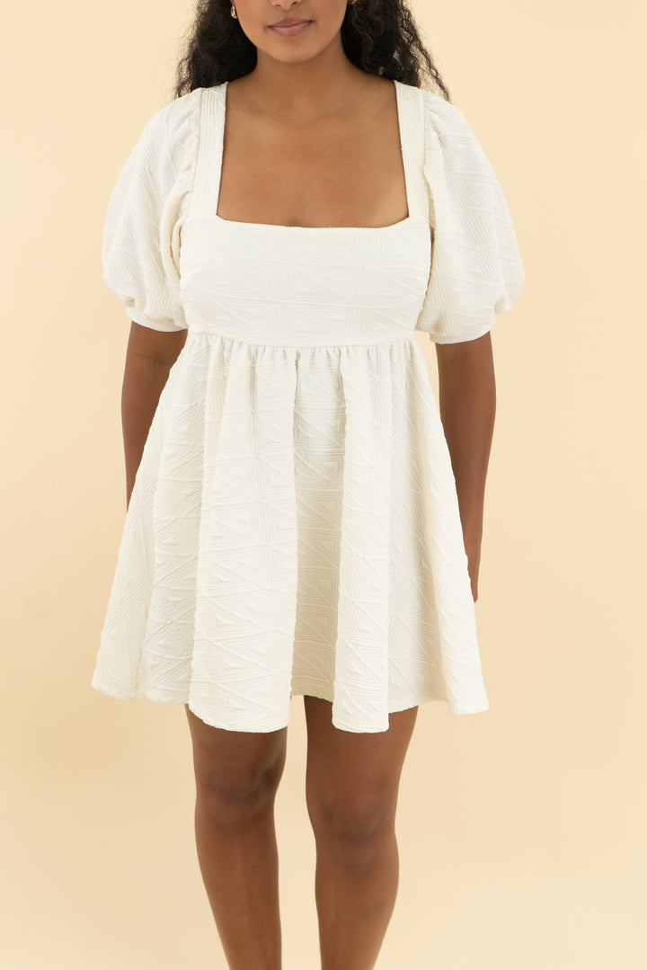 fp white puff sleeve babydoll mini dress (xs; retail $198)