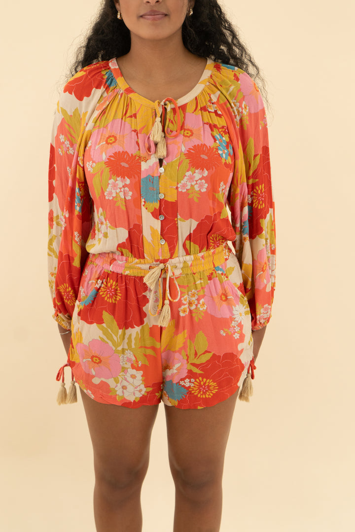 spell & the gypsy multi floral long sleeve short romper (s)