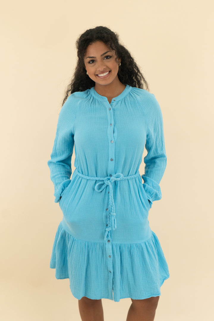 magaschoni sky blue long sleeve mini dress (s)