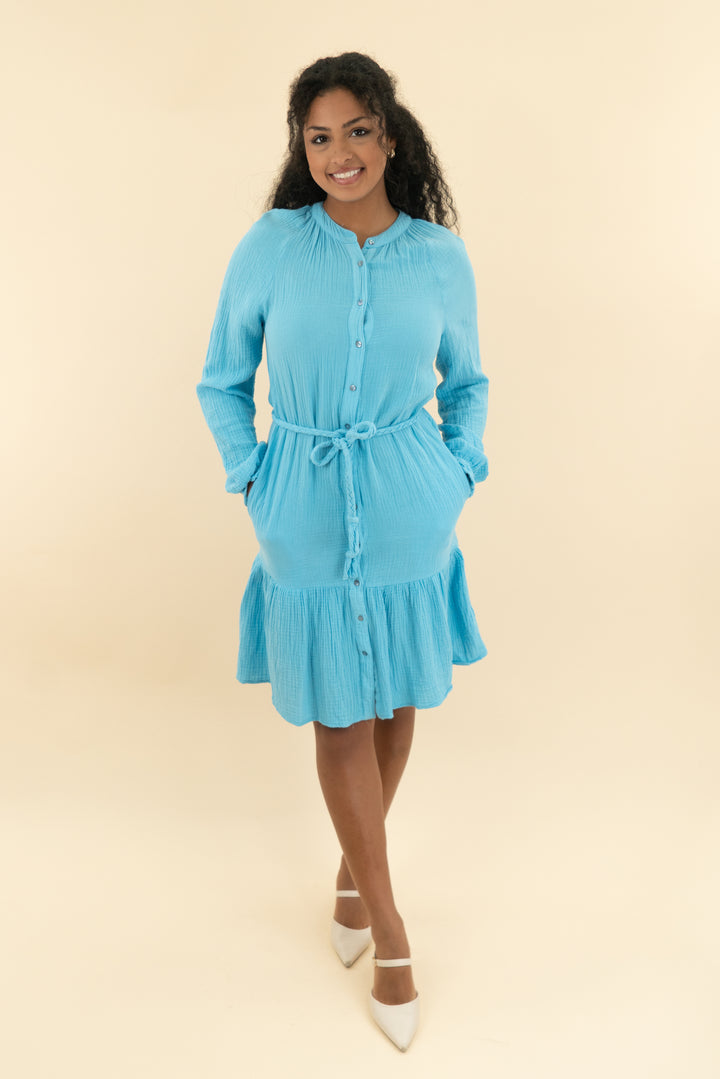 magaschoni sky blue long sleeve mini dress (s)