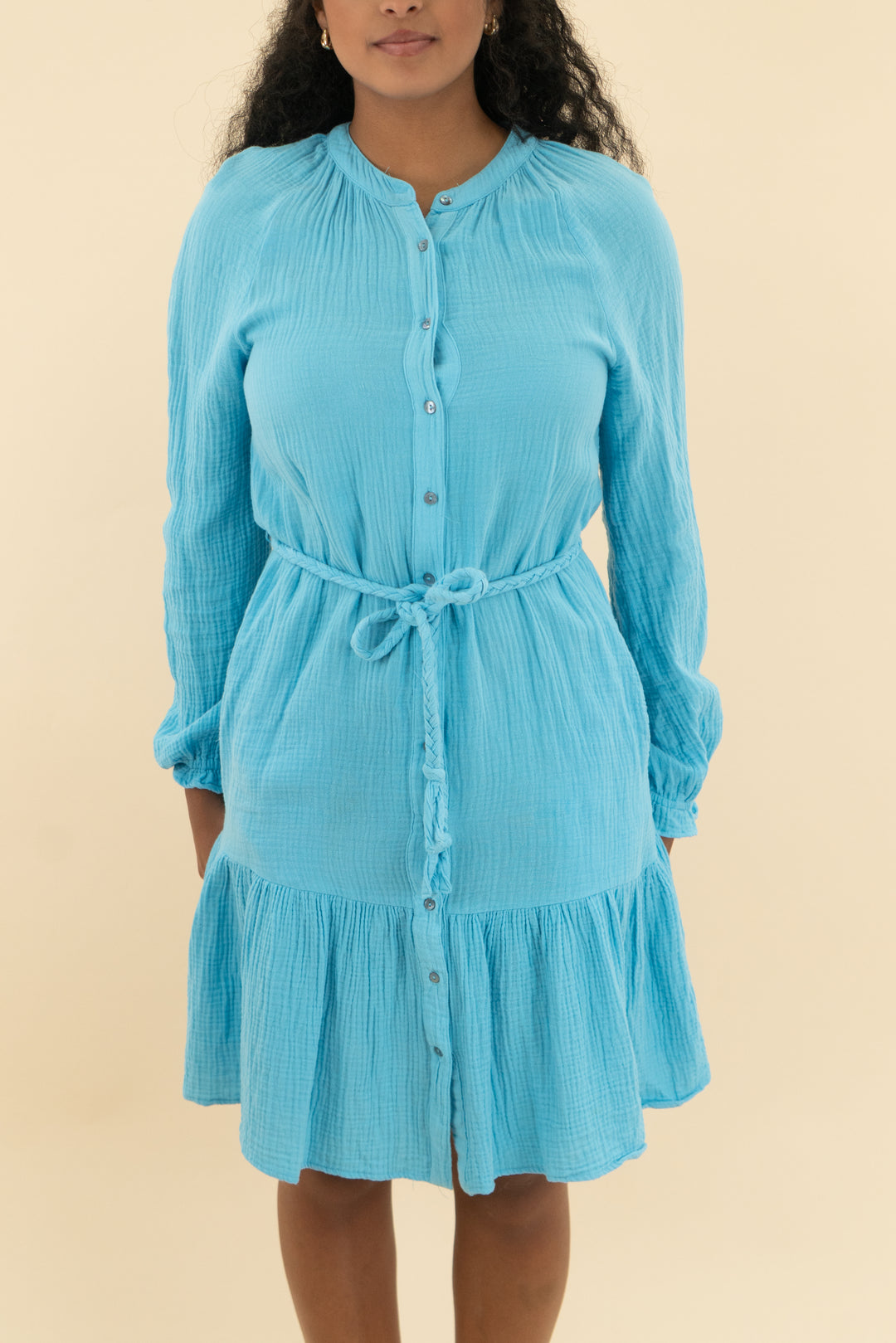 magaschoni sky blue long sleeve mini dress (s)