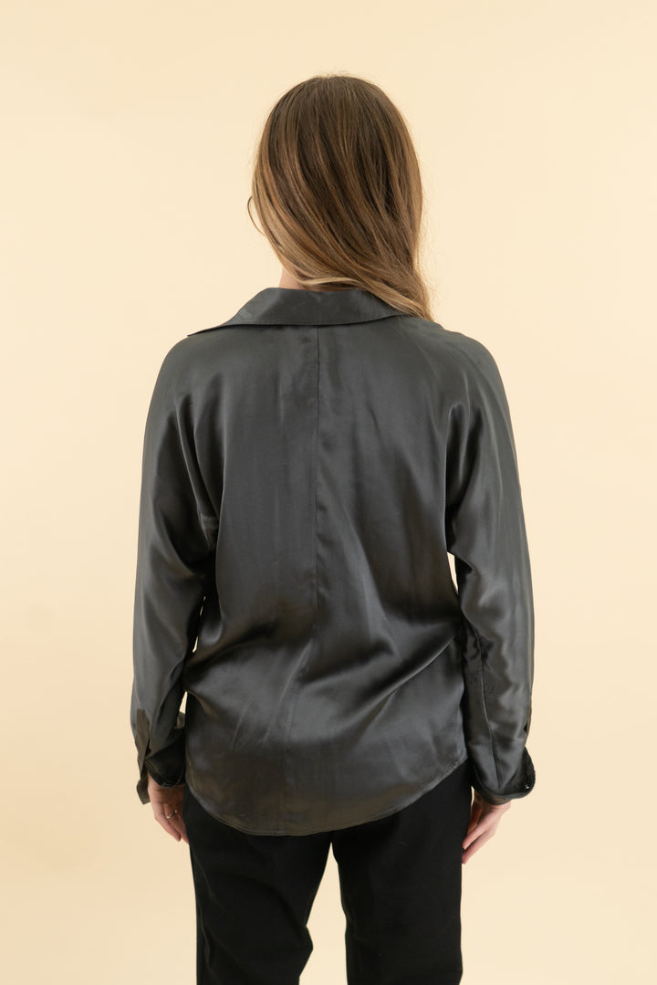 Ralph Lauren silk gunmetal grey button down (2; retail $185)