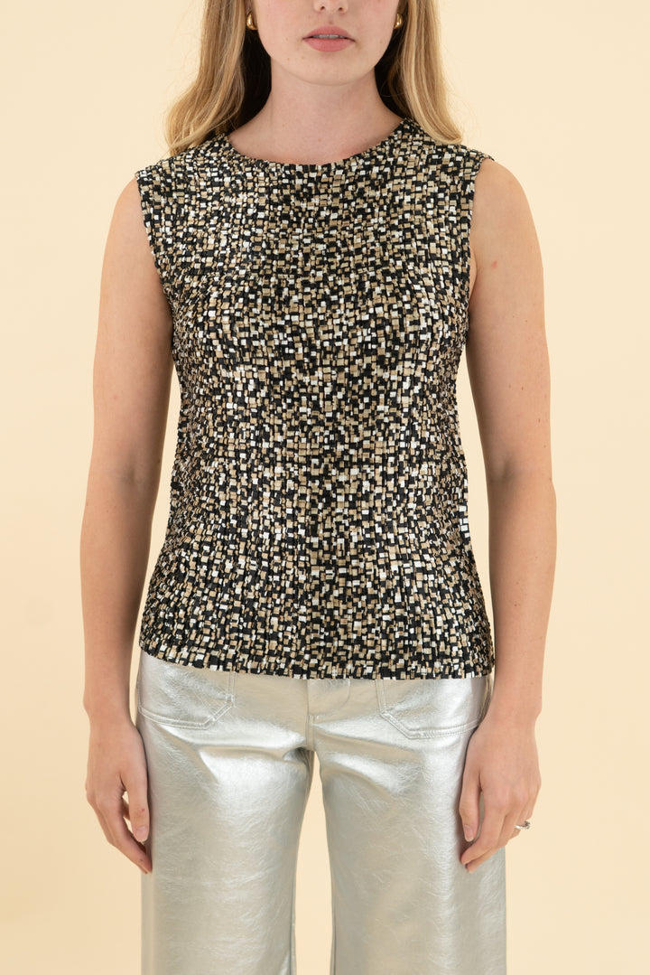 george black/tan sleeveless popcorn top (s)
