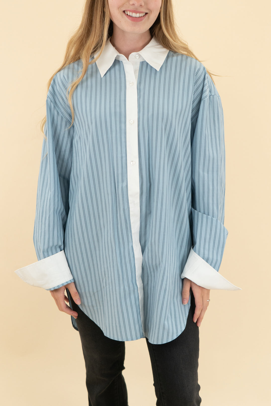 lovers and friends sky blue stripe oversize top (xs)