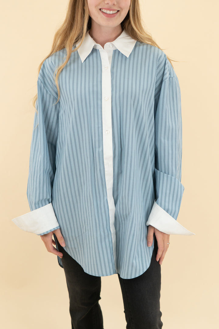 lovers and friends sky blue stripe oversize top (xs)