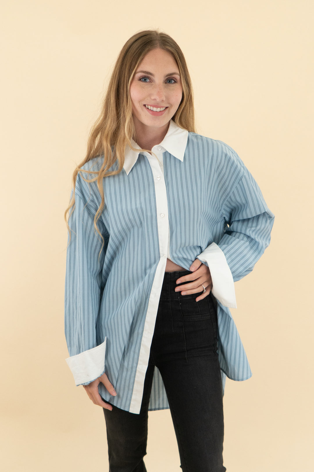 lovers and friends sky blue stripe oversize top (xs)