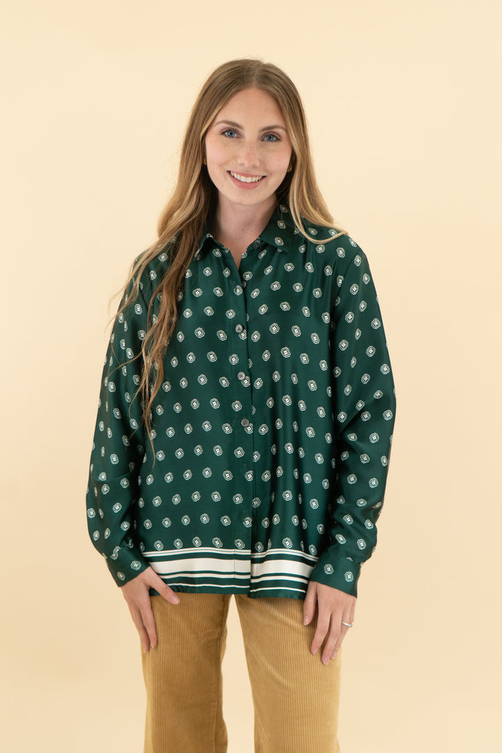 loft green satin long sleeve patterned top (xs)