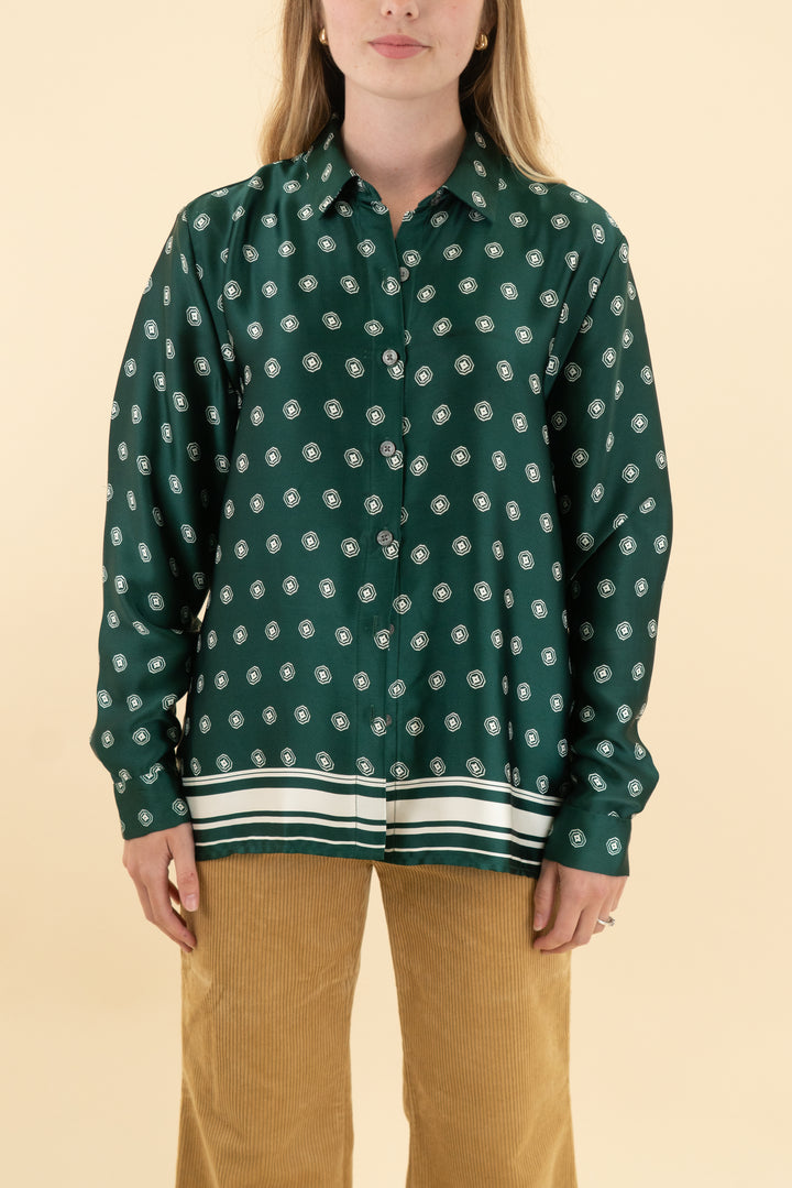 loft green satin long sleeve patterned top (xs)