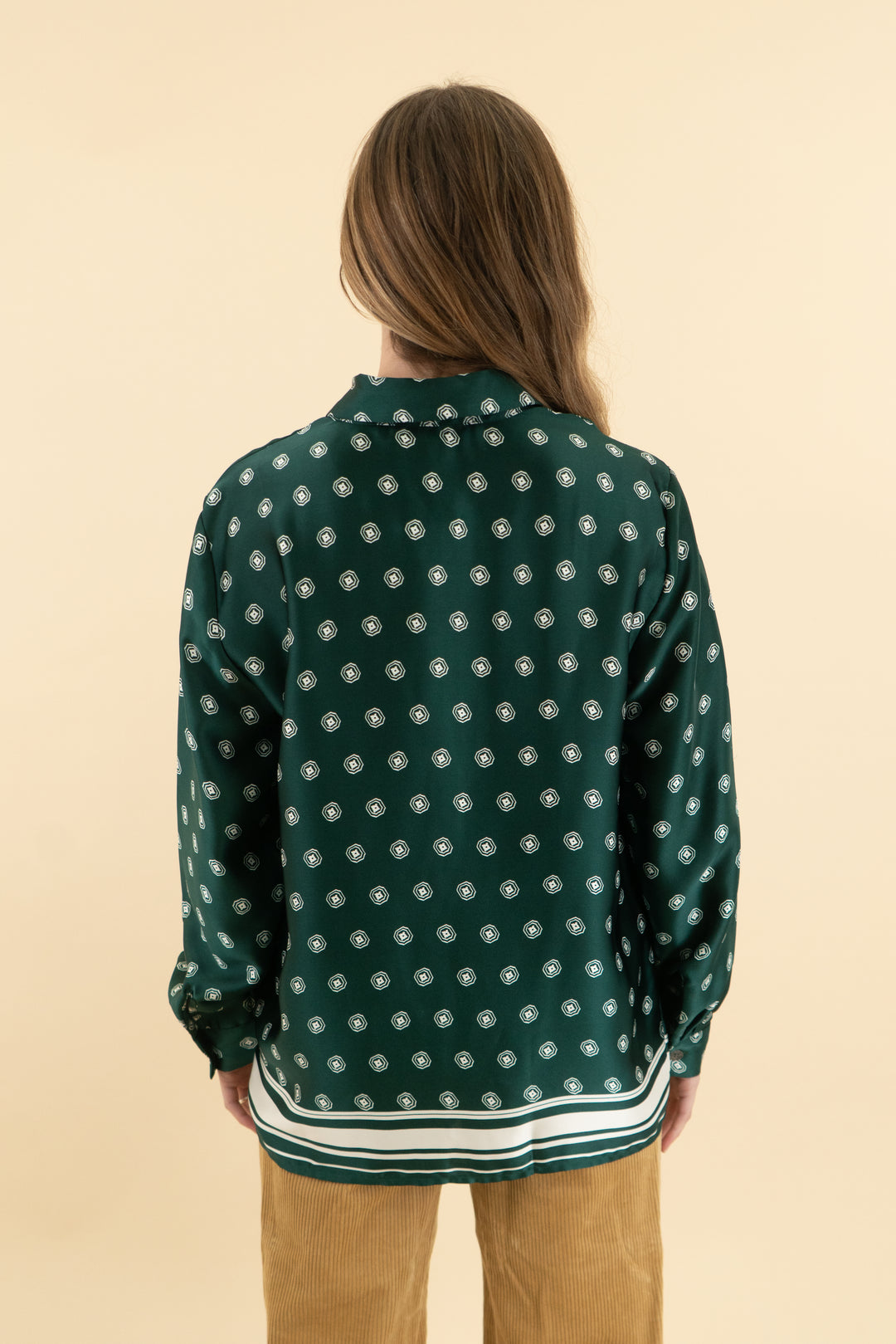 loft green satin long sleeve patterned top (xs)