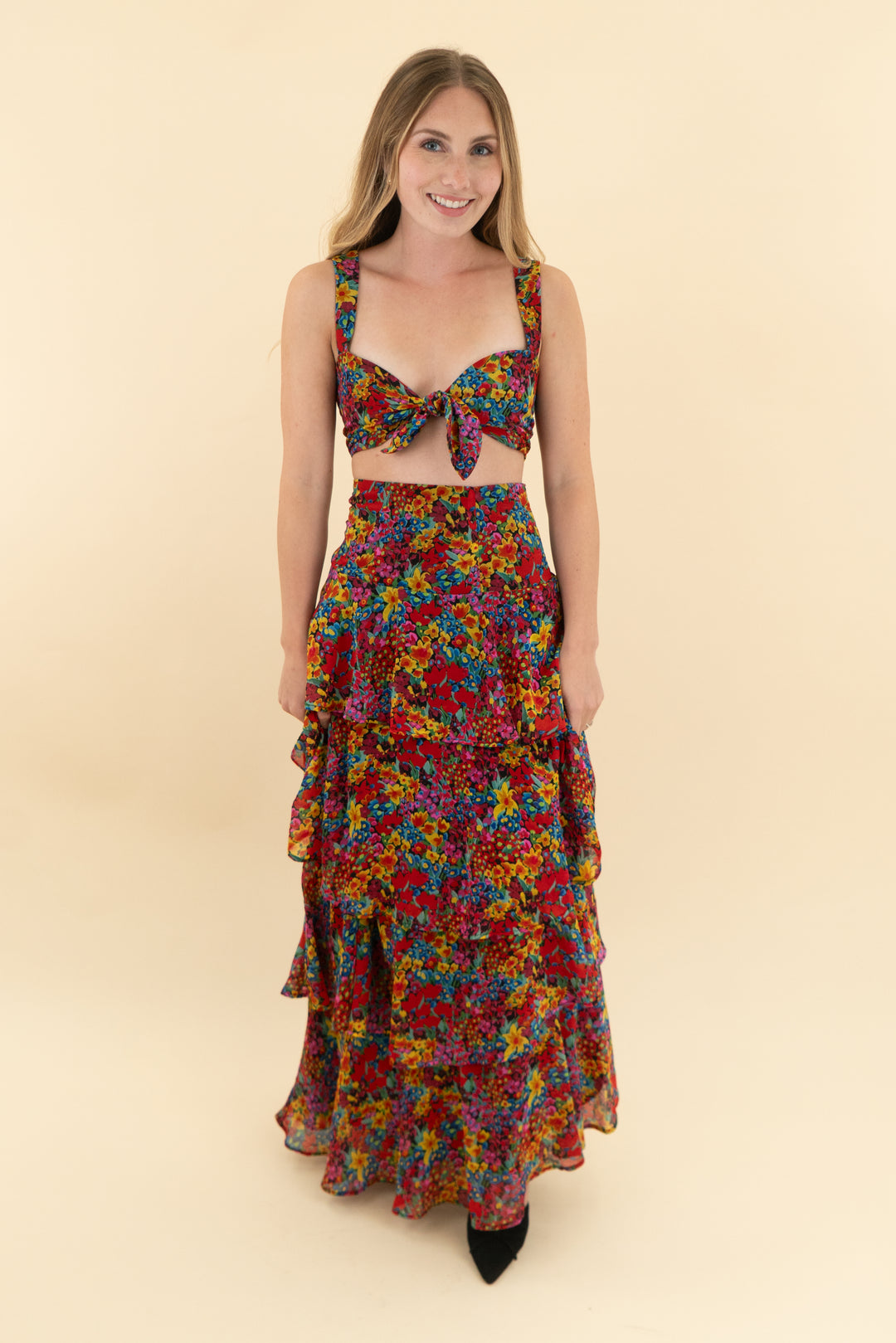 show me your mumu multi floral ruffle skirt and tank set (xs)