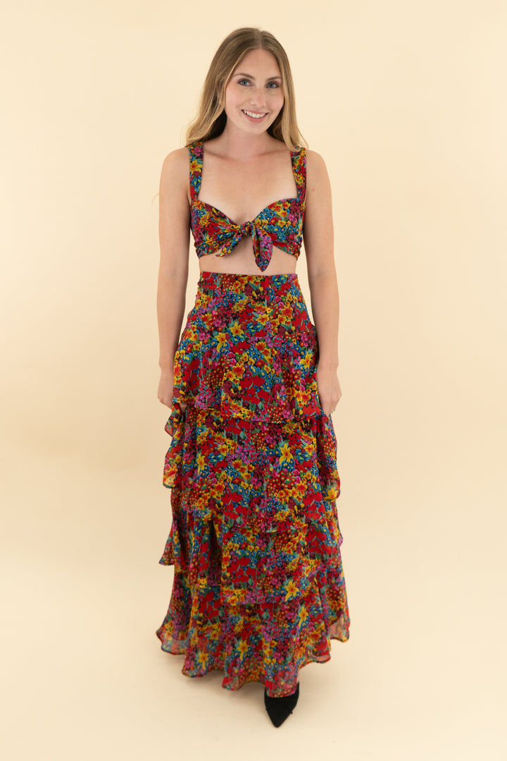 show me your mumu multi floral ruffle skirt and tank set (xs)