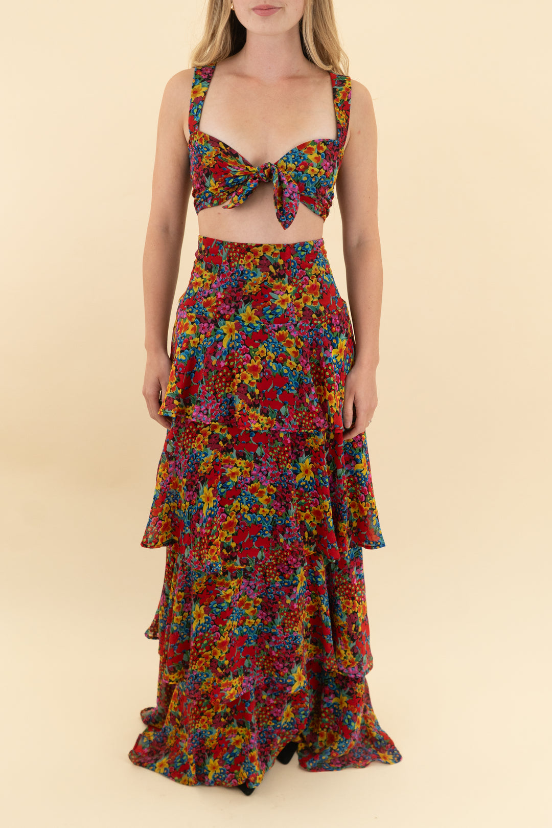 show me your mumu multi floral ruffle skirt and tank set (xs)