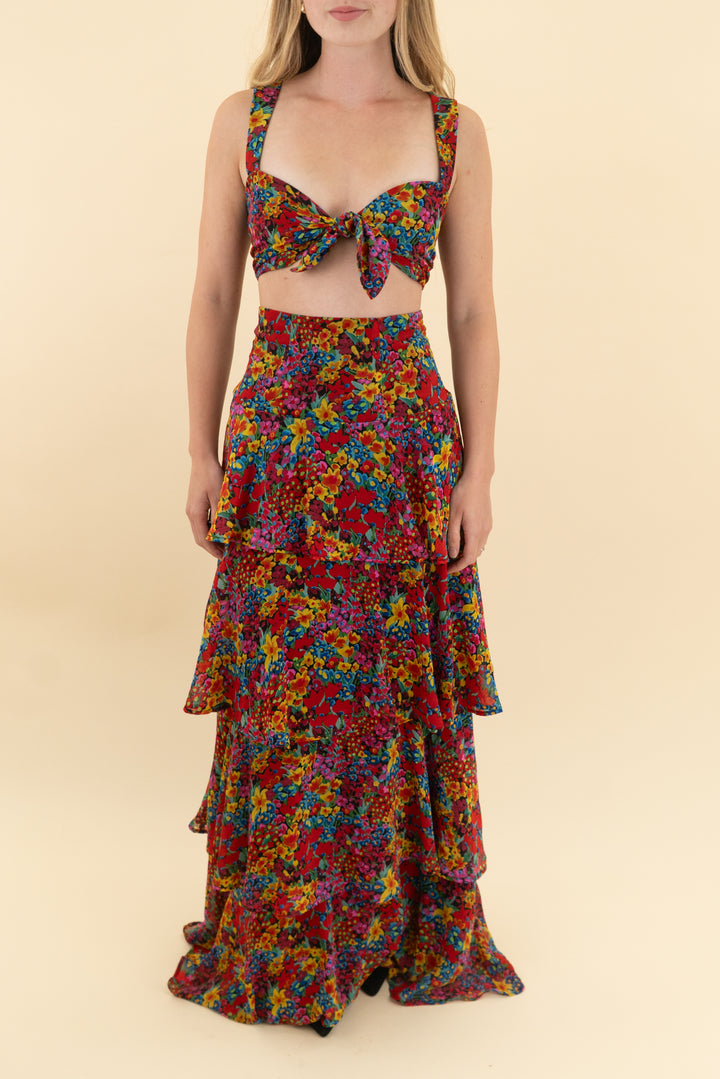 show me your mumu multi floral ruffle skirt and tank set (xs)