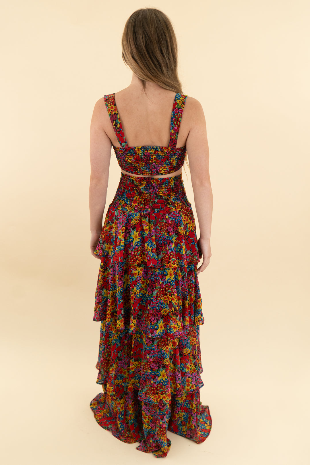 show me your mumu multi floral ruffle skirt and tank set (xs)