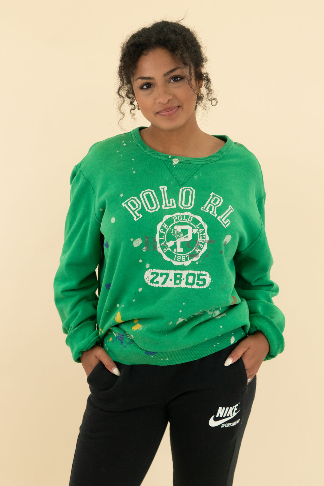 Polo RL vintage green paint splatter sweatshirt (l; retail $250)