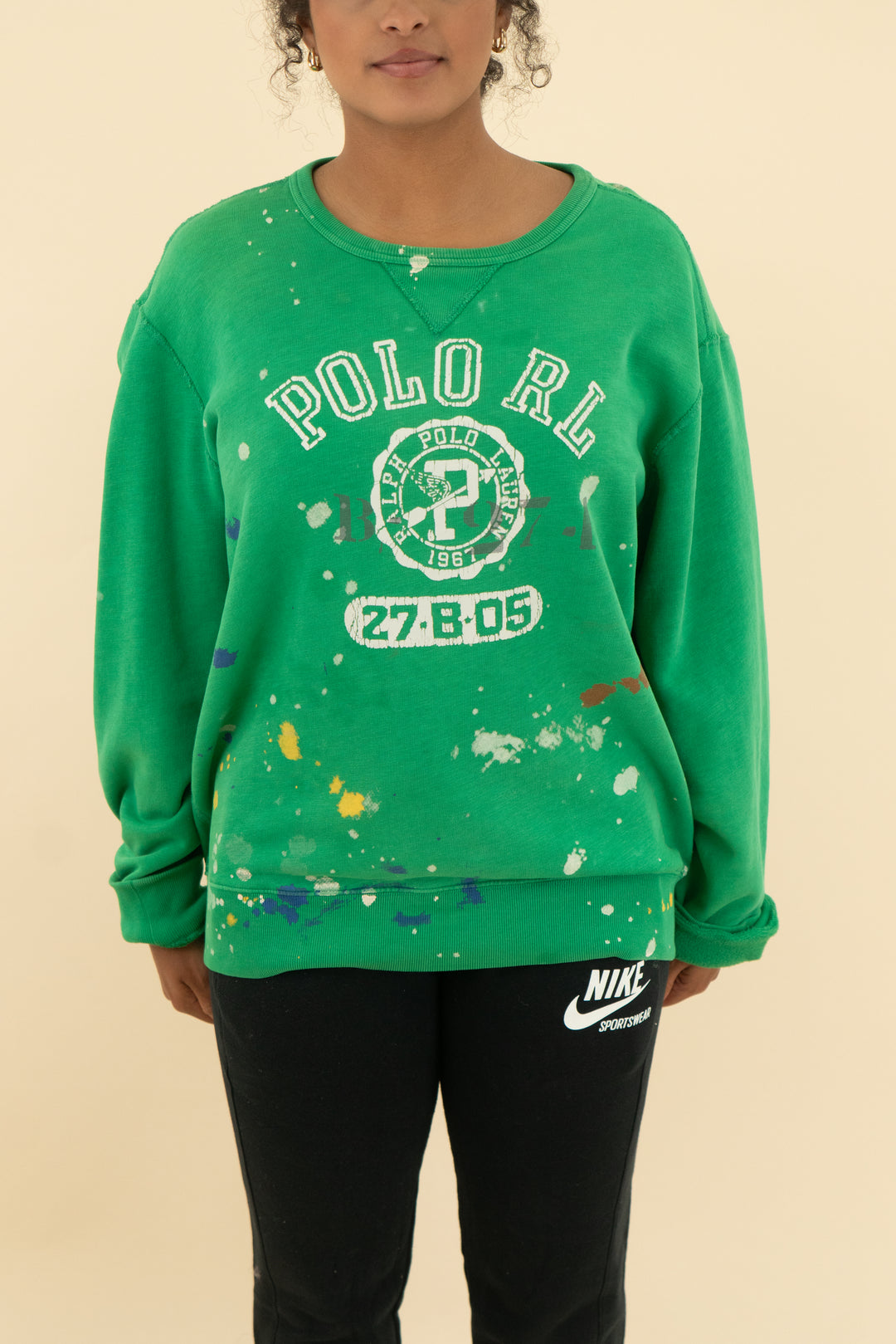 Polo RL vintage green paint splatter sweatshirt (l; retail $250)