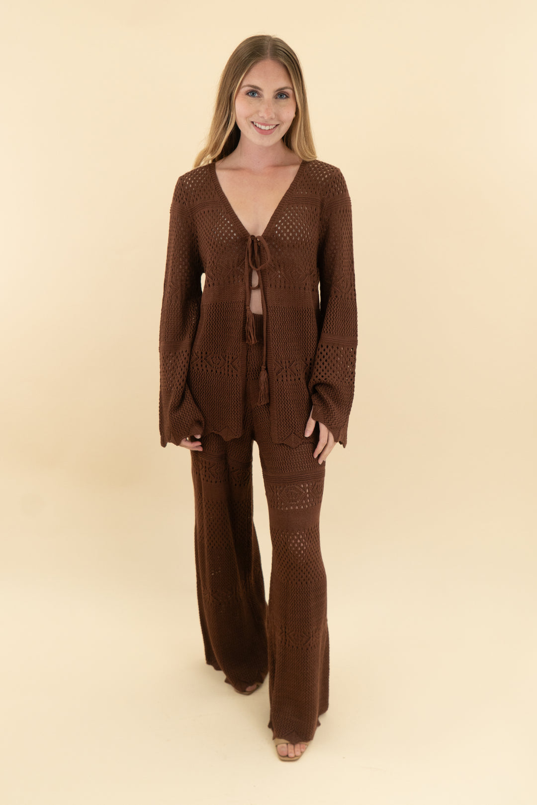 cupshe brown crochet pant and cardigan swim cover up nwt (xs)
