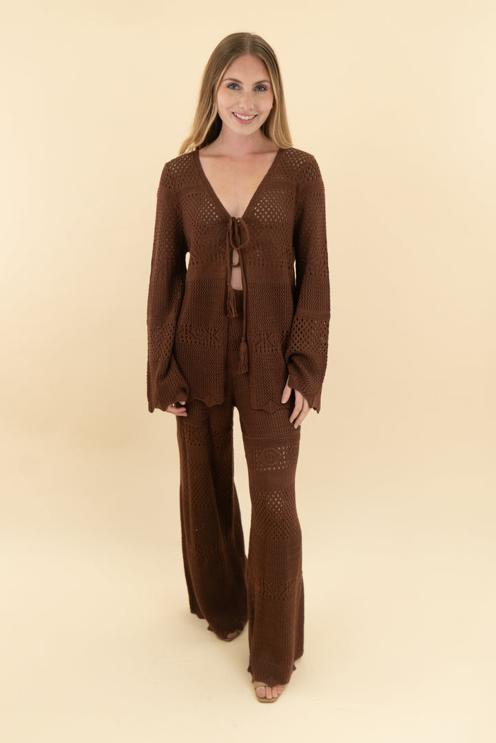 cupshe brown crochet pant and cardigan swim cover up nwt (xs)