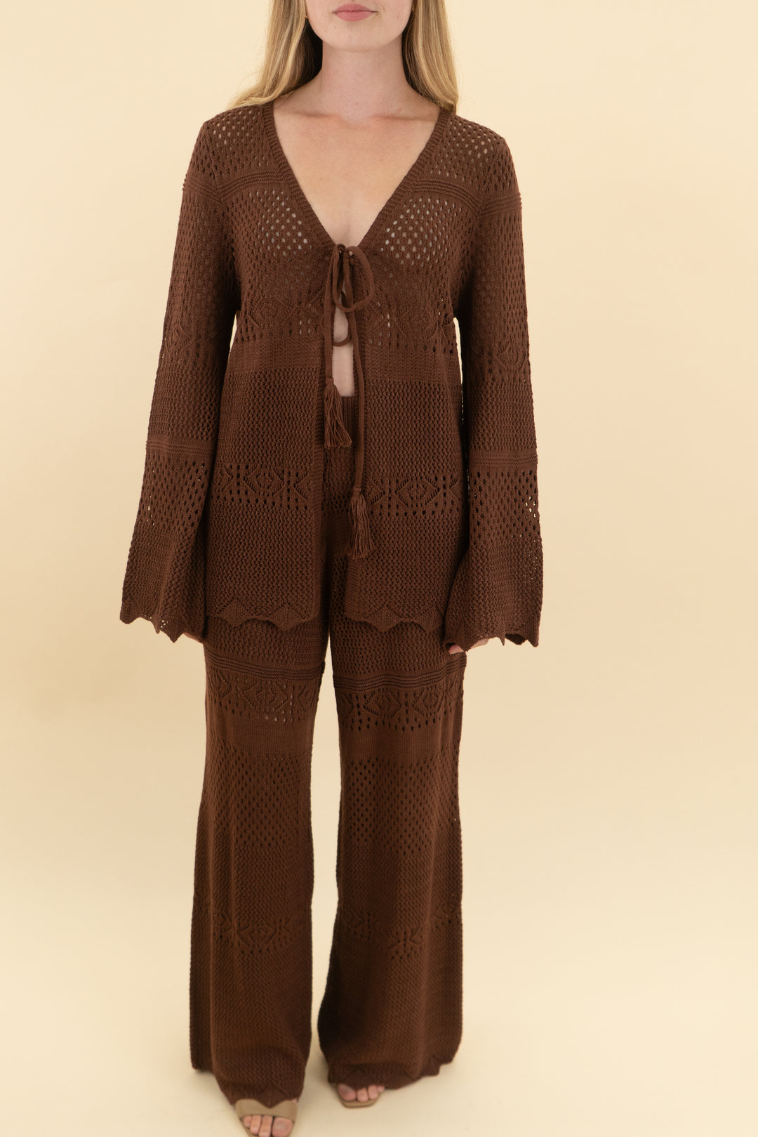 cupshe brown crochet pant and cardigan swim cover up nwt (xs)
