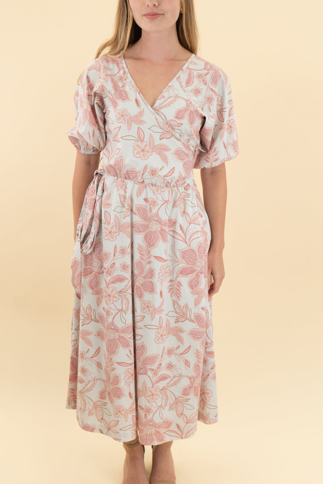 summersalt white coral patterned midi dress (xs)