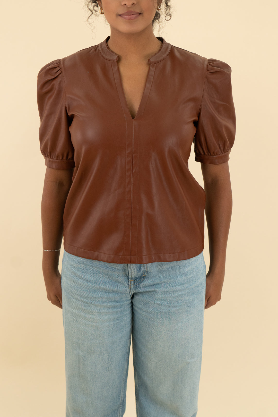 steve madden brown vegan leather puff sleeve top (m)