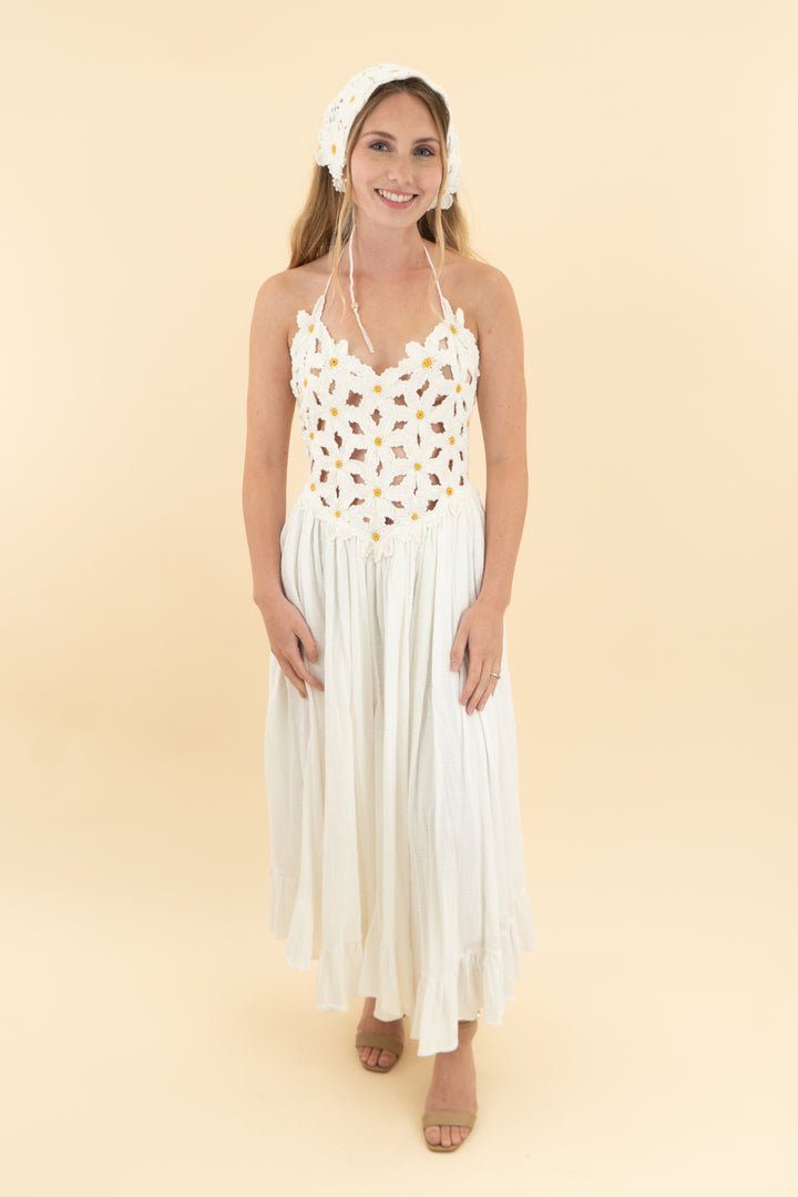 free people white crochet maxi dress w/ matching bandana (xs)