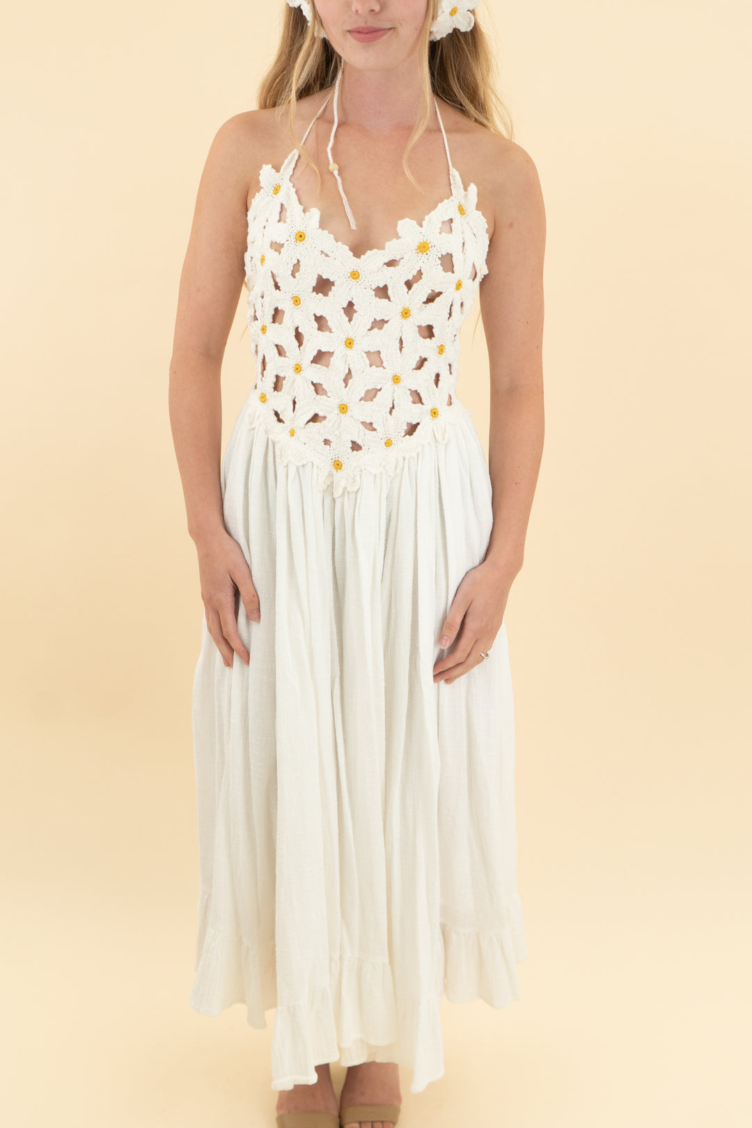 free people white crochet maxi dress w/ matching bandana (xs)