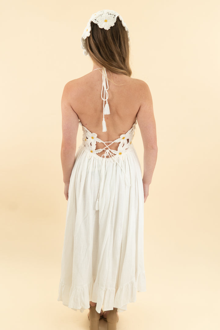 free people white crochet maxi dress w/ matching bandana (xs)