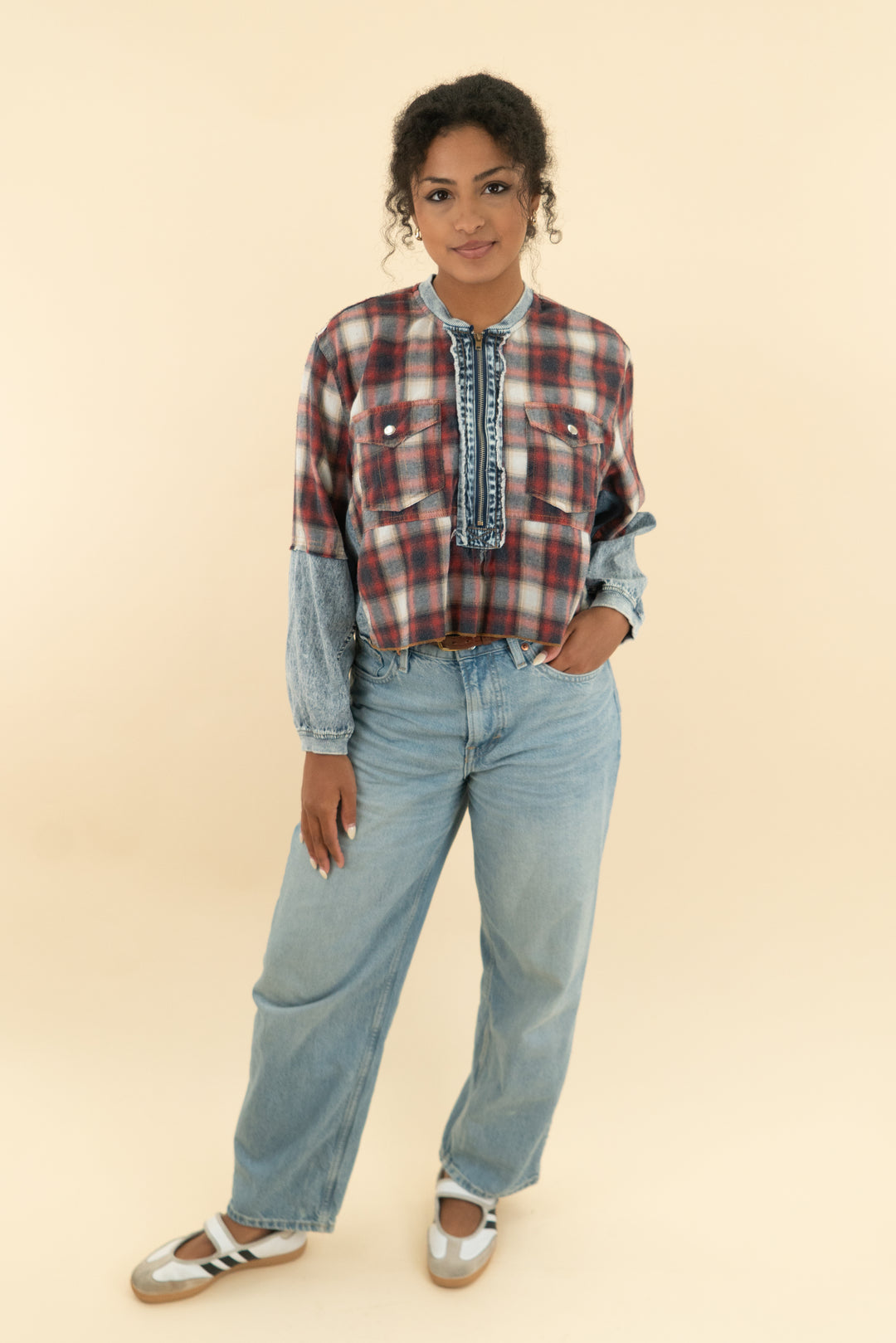 promesa red and denim plaid cropped flannel (xs)
