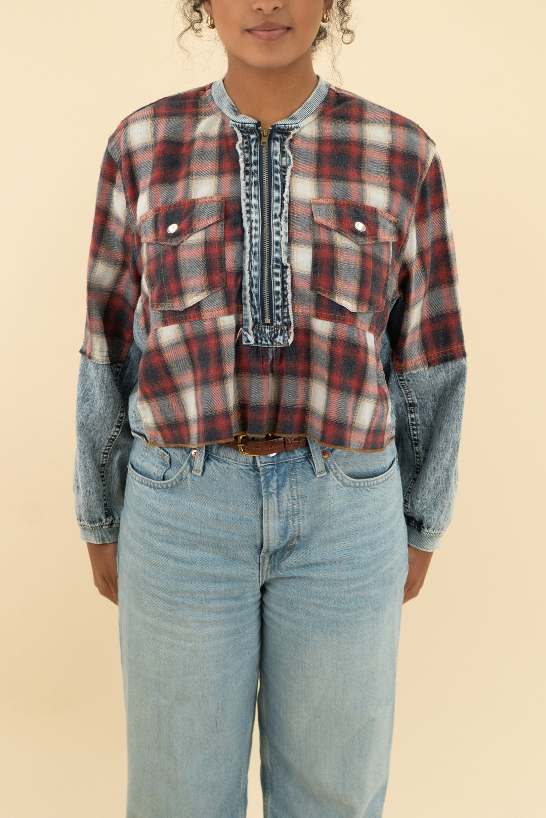 promesa red and denim plaid cropped flannel (xs)