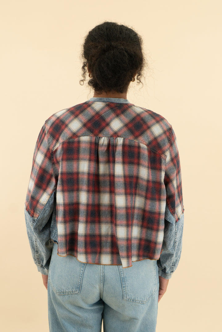 promesa red and denim plaid cropped flannel (xs)