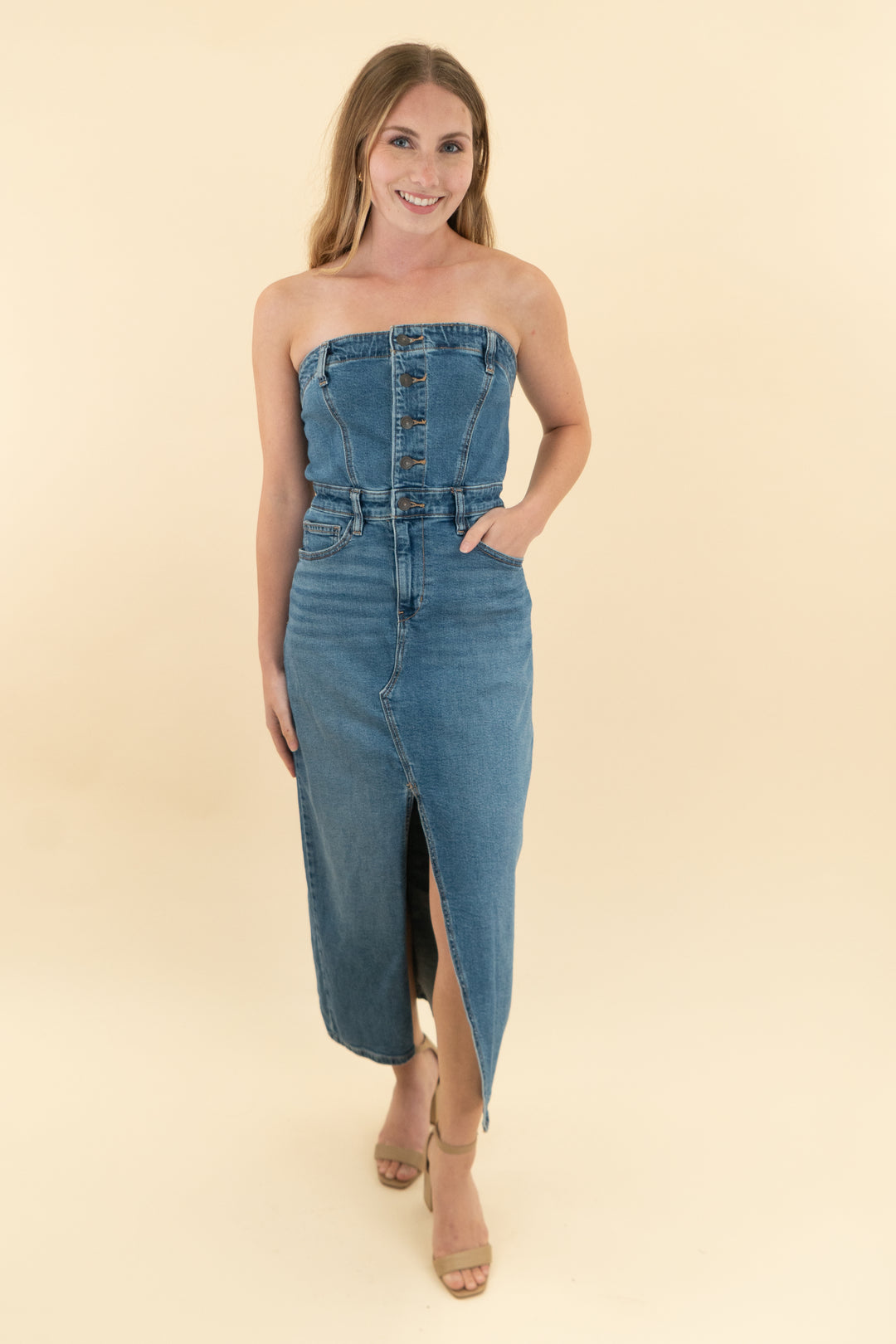 american eagle medium wash strapless midi dress (0)