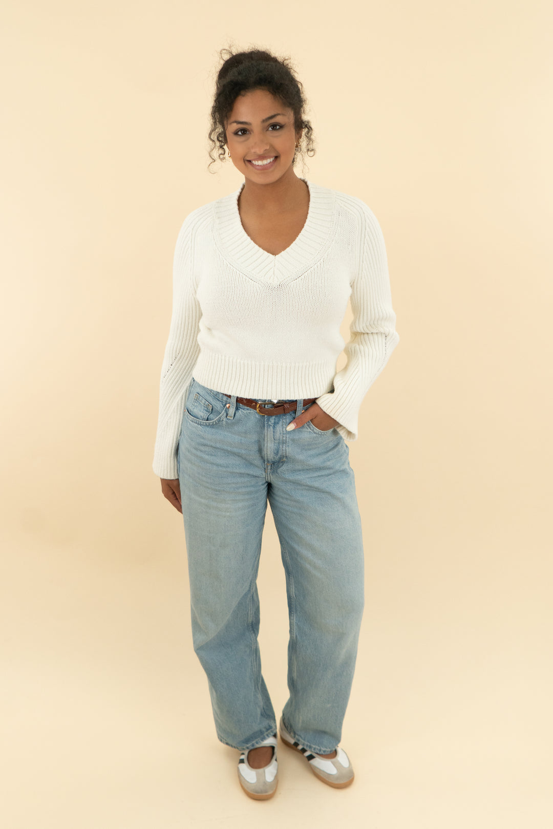 anthropologie ivory knit v neck sweater (s; retail $118)