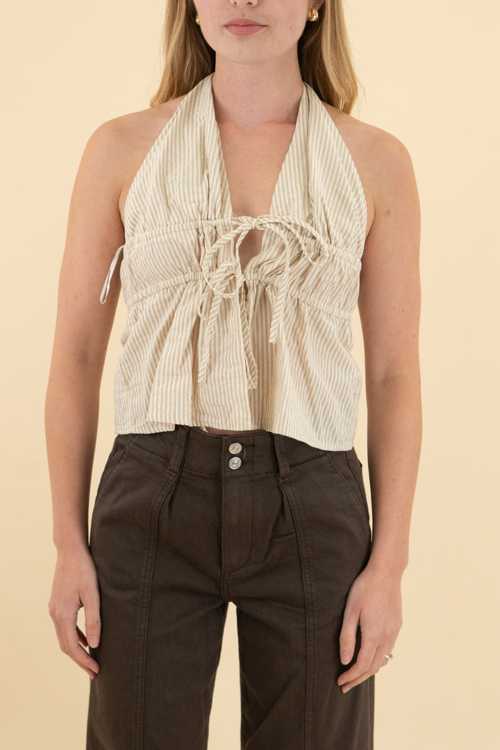 more to come tan stripe halter backless tank nwt (xs)