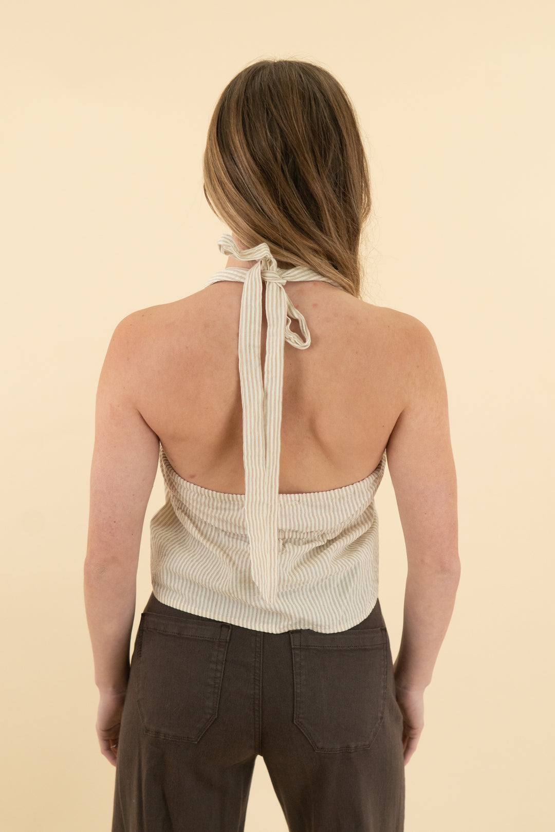 more to come tan stripe halter backless tank nwt (xs)