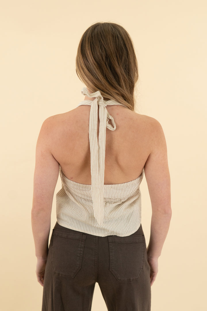 more to come tan stripe halter backless tank nwt (xs)