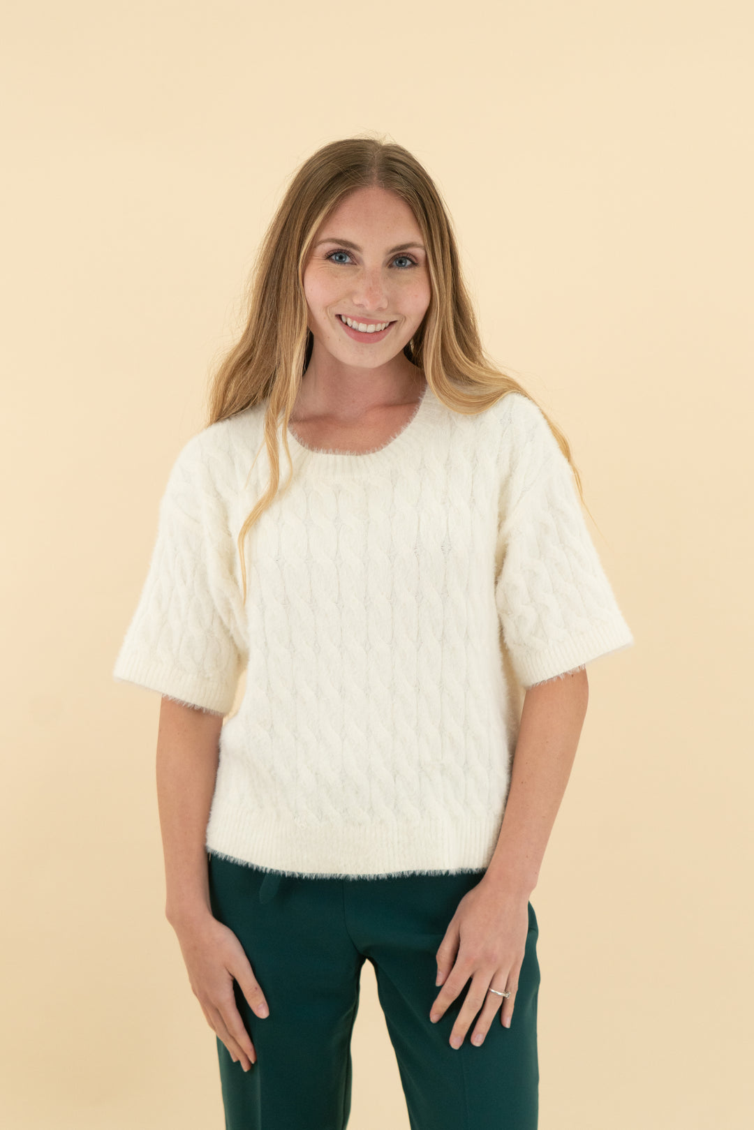 cyrus cream fuzzy short sleeve sweater (xs; retail $65)