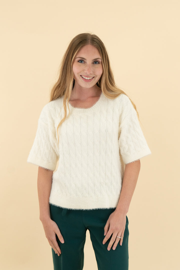 cyrus cream fuzzy short sleeve sweater (xs; retail $65)